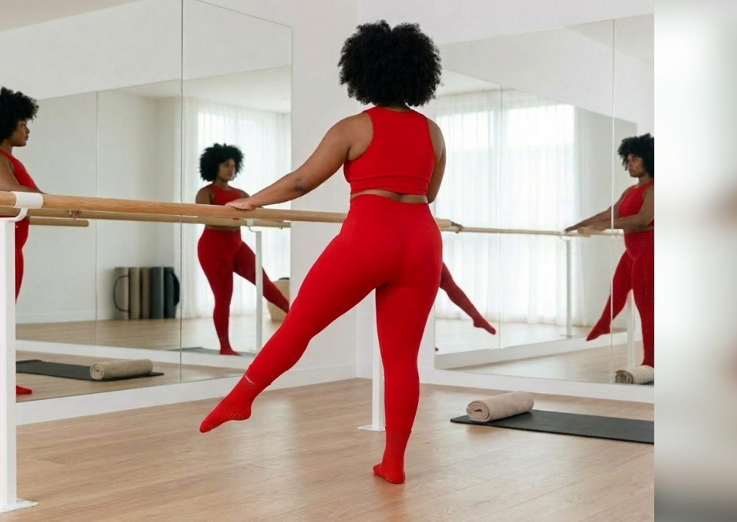 Woman in red activewear practicing Barre at a studio mirror supported with SculPtd Premium Pilates Grip Socks