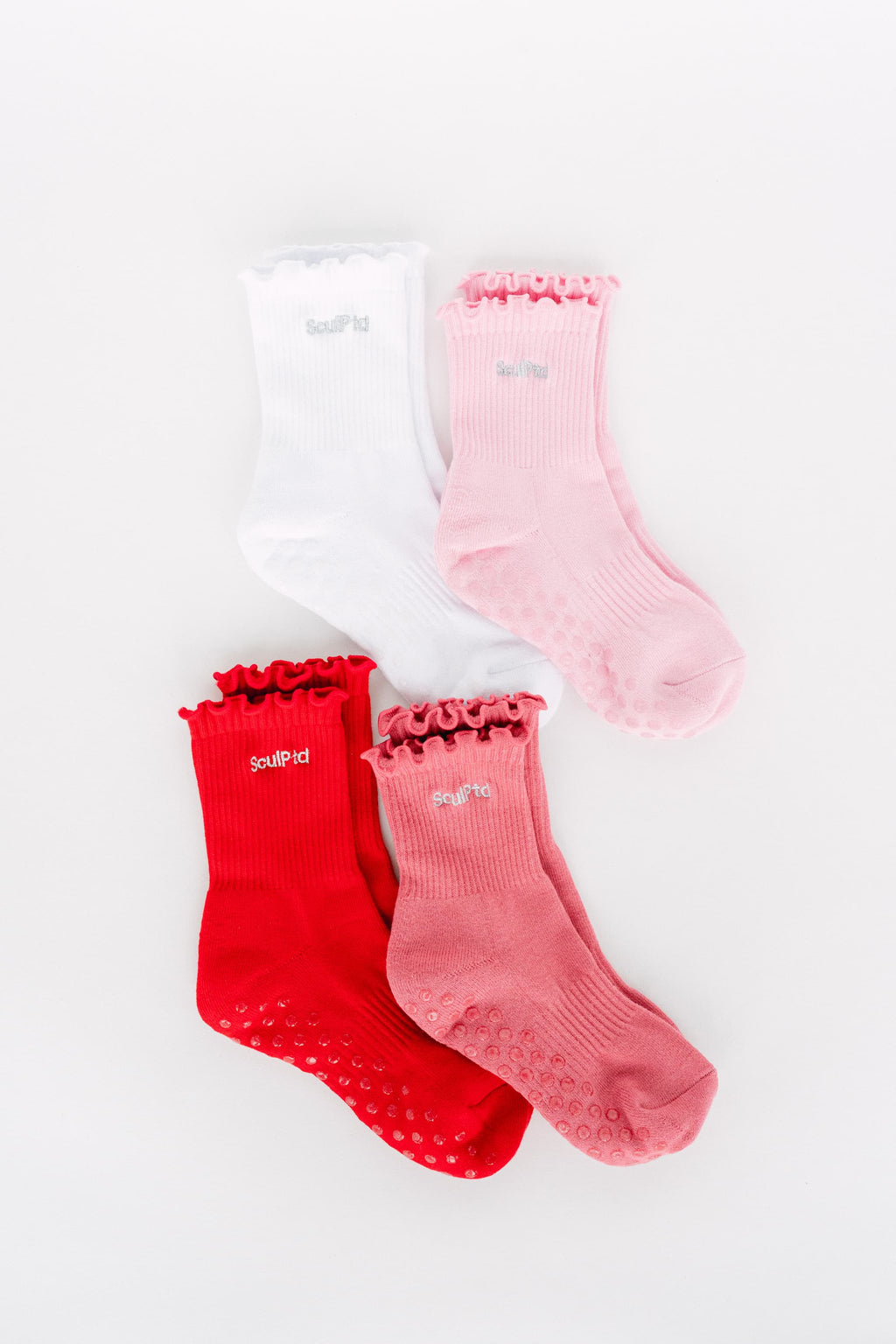 SculPtd Margo Prima Ruffled Trim Lettuce Edge Style Pilates Grip socks in White, Red, Pink and white color