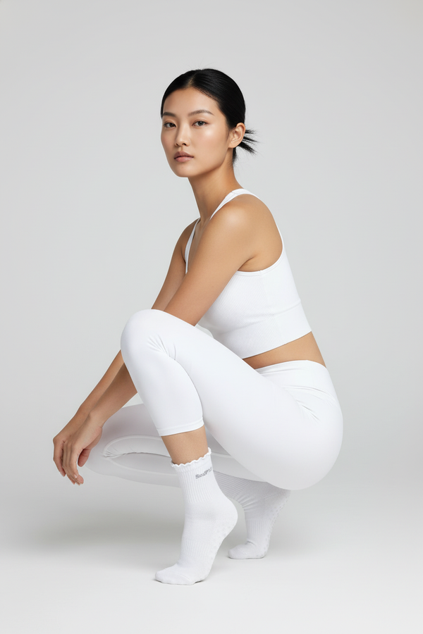 SculPtd Margo Prima Ruffled Trim Lettuce Edge Style Pilates Grip socks in White 